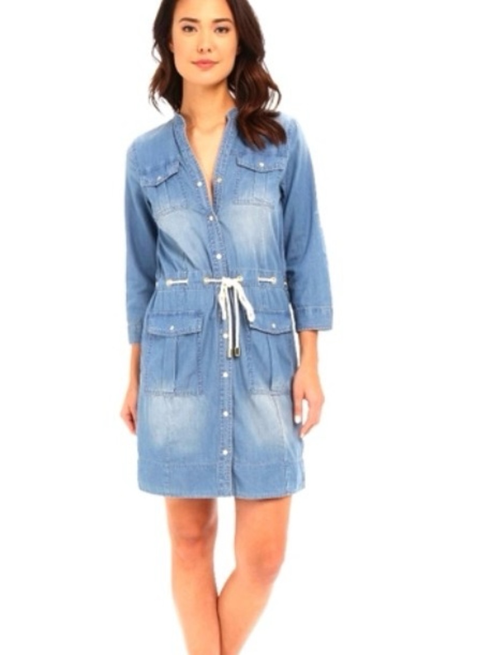 Michael Kors Nautical LightWash Denim Shirt Dress with Drawstring Waist-XS